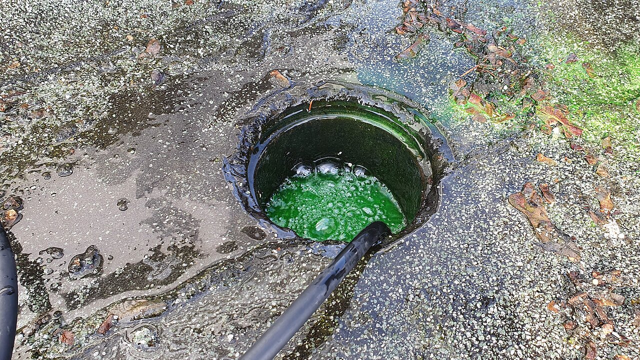 Gefärbtes Wasser oberhalb der Absperrblase.